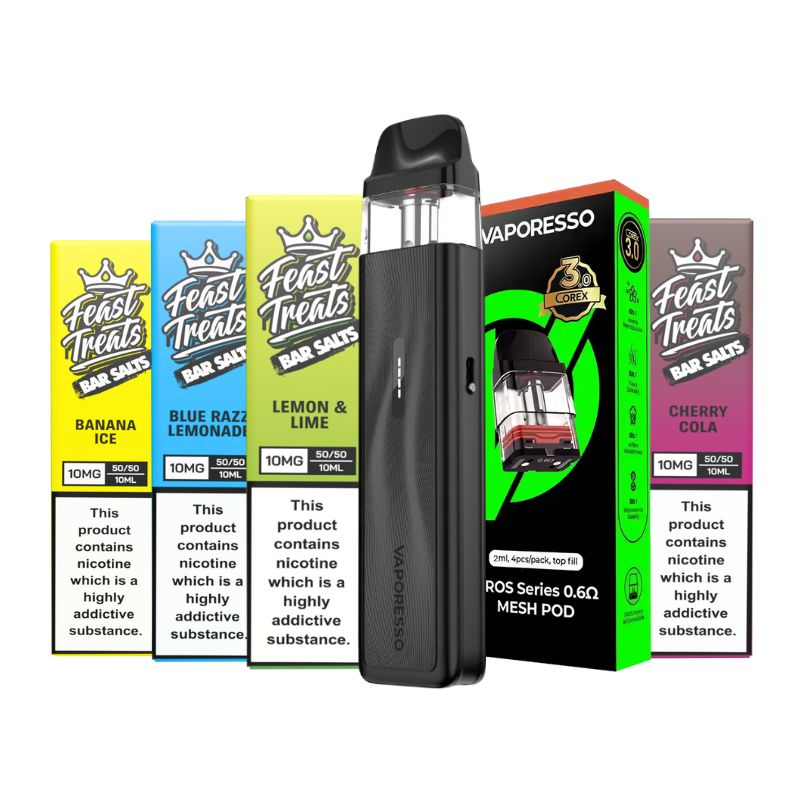 Vaporesso XROS 5 Mini Black Bundle + Feast Treats Nic Salts The E-Cig Store Vaporesso XROS 5 Mini Black Bundle + Feast Treats Nic Salts The E-Cig Store
