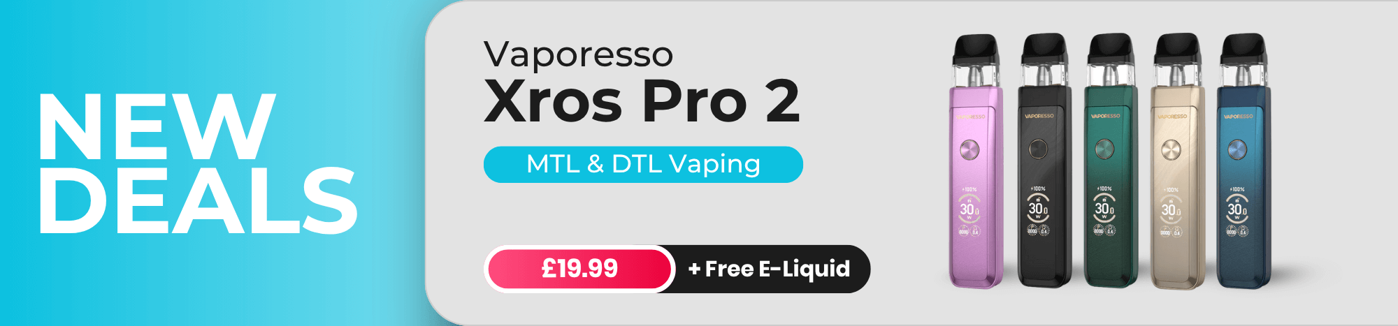 Vaporesso Xros Pro 2 vaping device with colorful bottles on a gray background