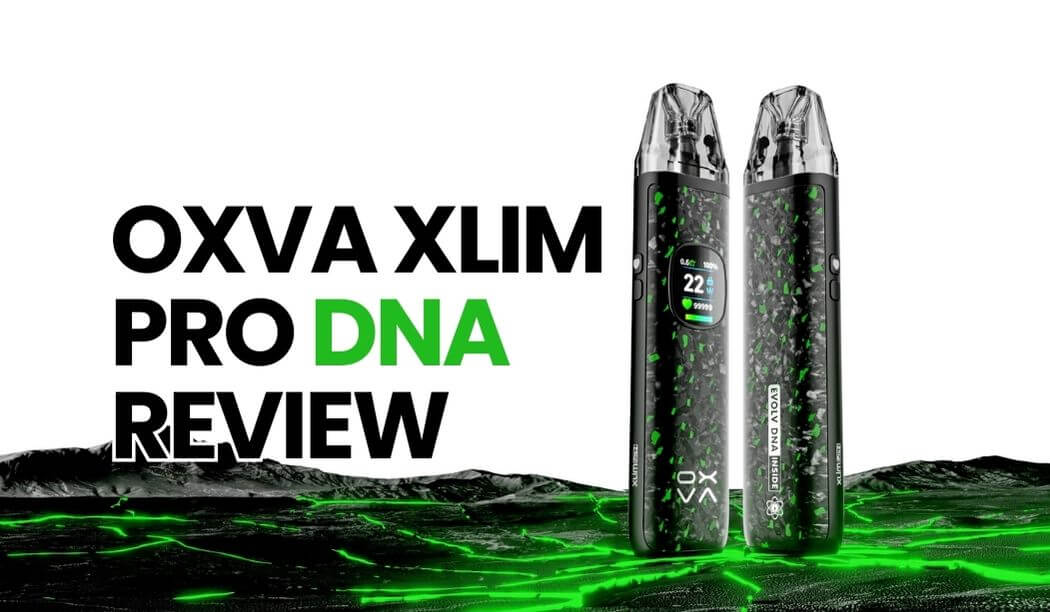 OXVA XLIM Pro DNA vape kit review banner featuring two black devices with green accents and digital display, promotional graphic for The E-Cig Store.