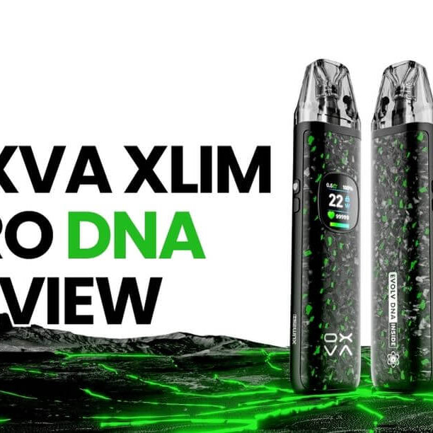 OXVA XLIM Pro DNA vape kit review banner featuring two black devices with green accents and digital display, promotional graphic for The E-Cig Store.