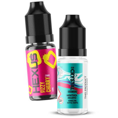 Two vape juice bottles with colorful labels on a white background