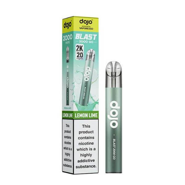 Vape pen with 'dojo' branding and packaging on a white background