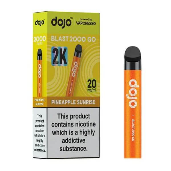 dojo vape device and packaging with pineapple sunrise flavor on a white background