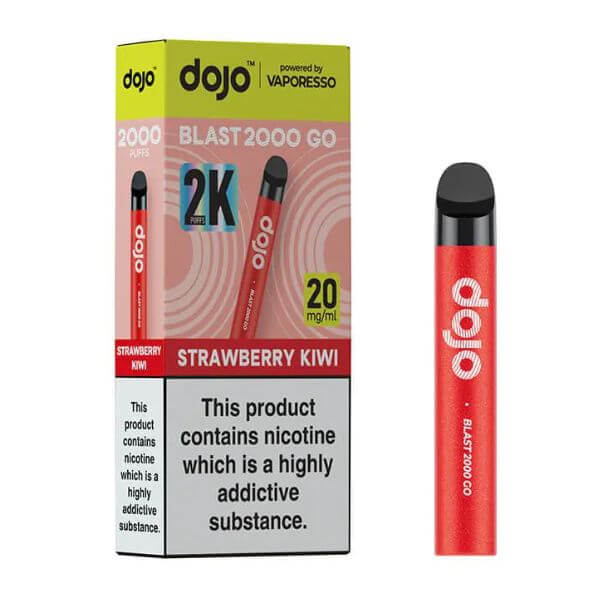 Red 'dojo' vape pen with packaging on a white background