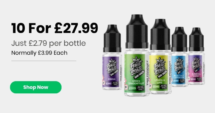 Feast Treats Bar Salts promotional banner showing five 10ml e-liquid bottles with the offer “10 For £27.99”, just £2.79 per bottle, normally £3.99 each, with a Shop Now button.