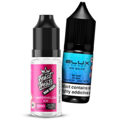 Two vape juice bottles, one pink and one blue, on a white background.