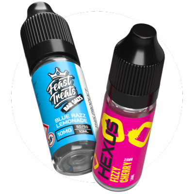 Two vape juice bottles, one blue and one pink, on a white background.