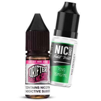 Two nicotine shot bottles with visible branding on a white background