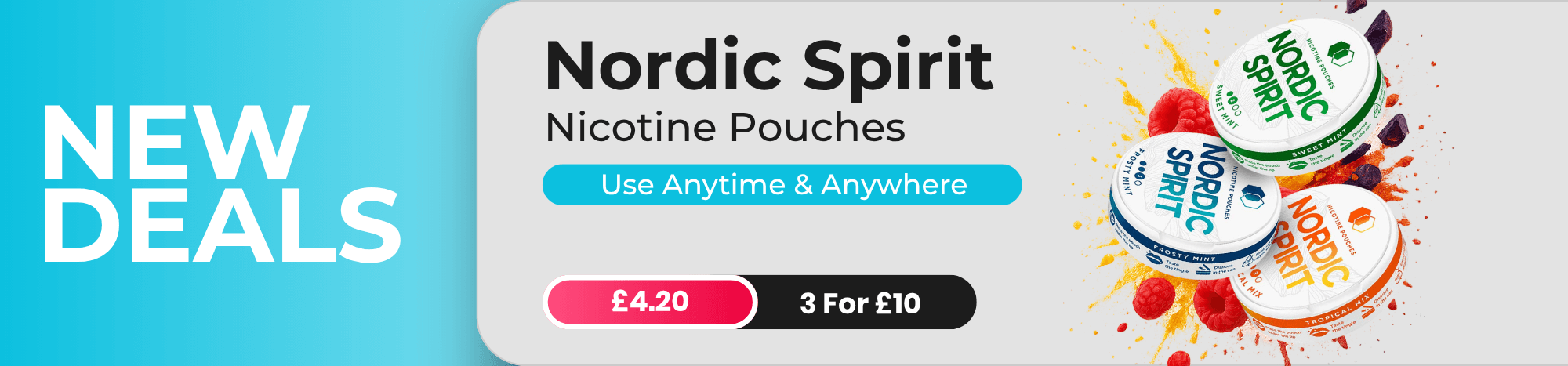 Advertisement for Nordic Spirit nicotine pouches with promotional text and product images.