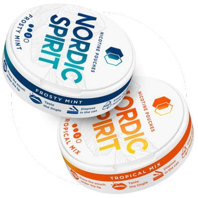 Two tins of Nordic Spirit nicotine pouches, one with frosty mint flavor and the other with tropical mix flavor, on a white background.