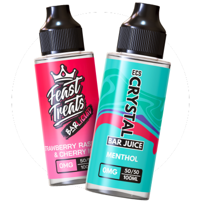 Two bottles of 'Feast Treats' and 'ECS Crystal' bar juice on a white background