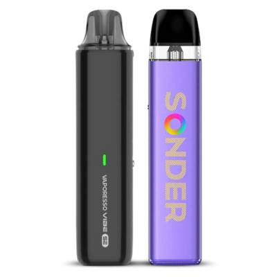 Two vaping devices, one black and one purple with 'Sonder' branding, on a white background.