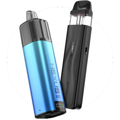 Blue and black vape device with 'HEXUS' branding on a white background