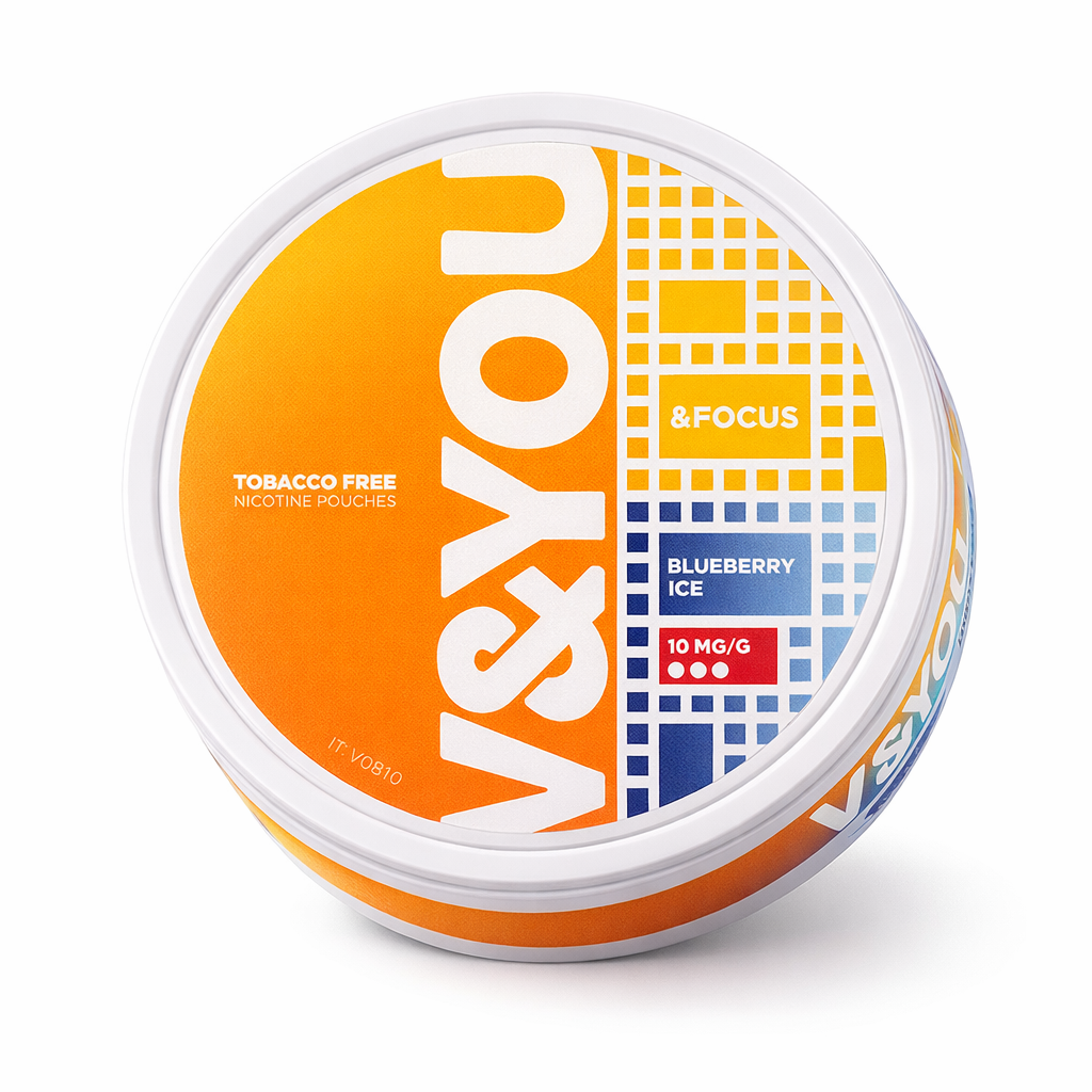Vexyou nicotine pouch container with orange and white design on a white background