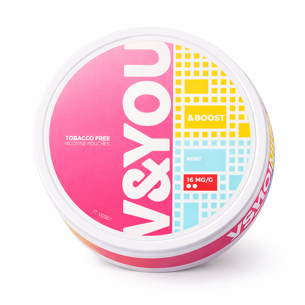 Vex & You nicotine pouches container with colorful design on a white background