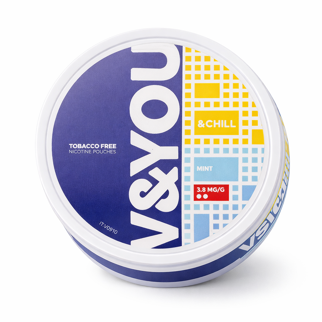 Container of VS&YOU nicotine pouches with blue and white design on a white background