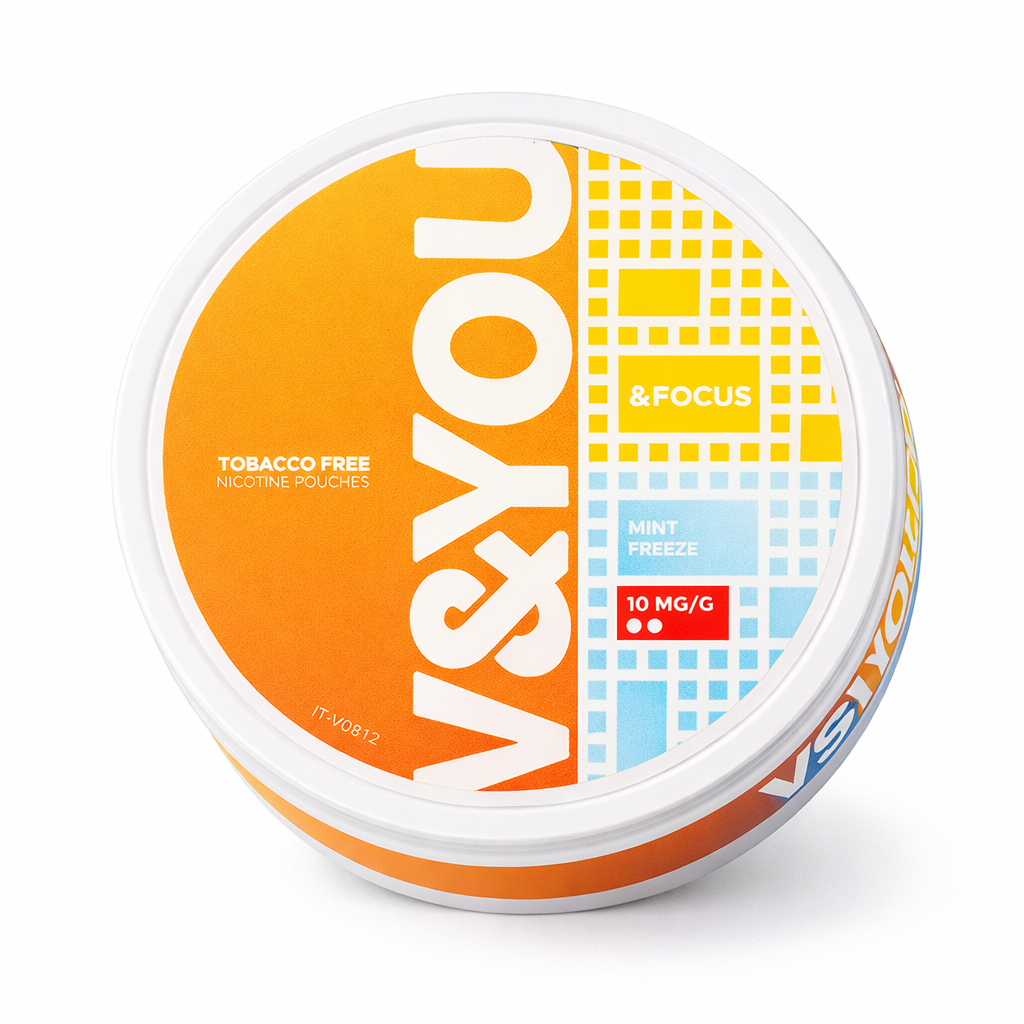 Container of V&You nicotine pouches with orange and white design on a white background