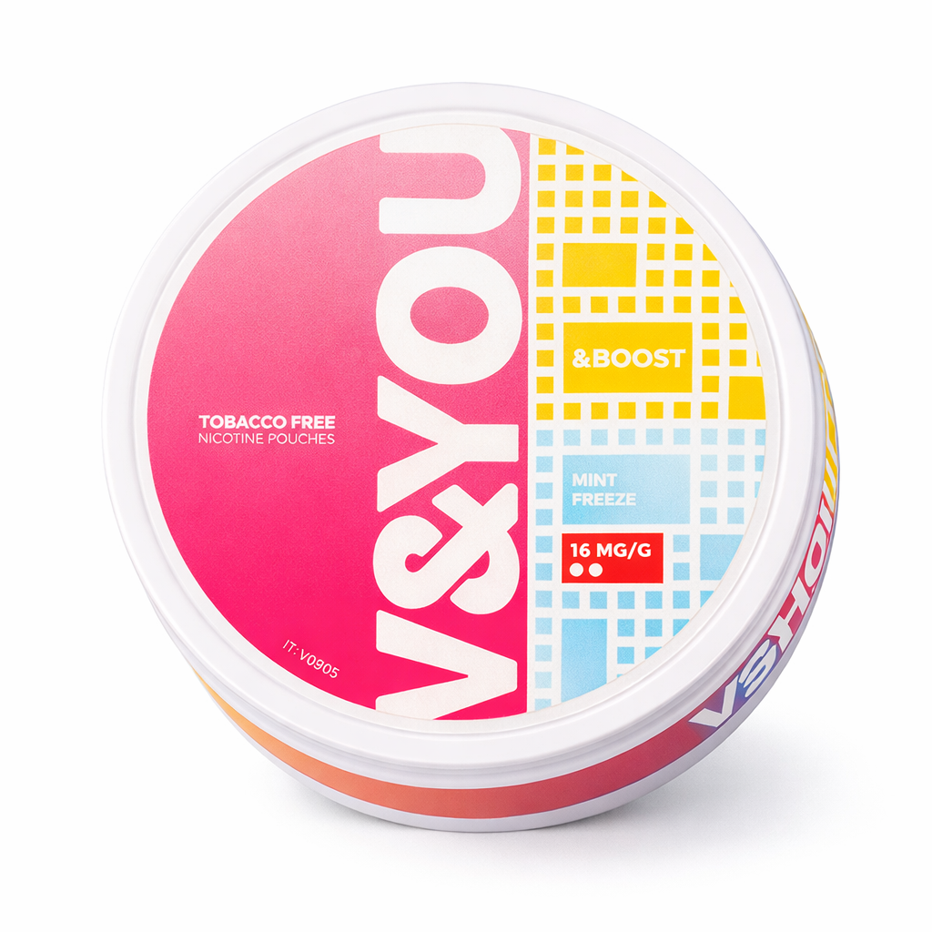 V&YOU nicotine pouches container with colorful design on a white background