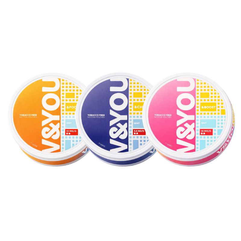 Three containers of V&You tobacco-free nic pouches on a white background