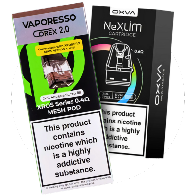 Two vape cartridge packaging with branding and product information on a white background.